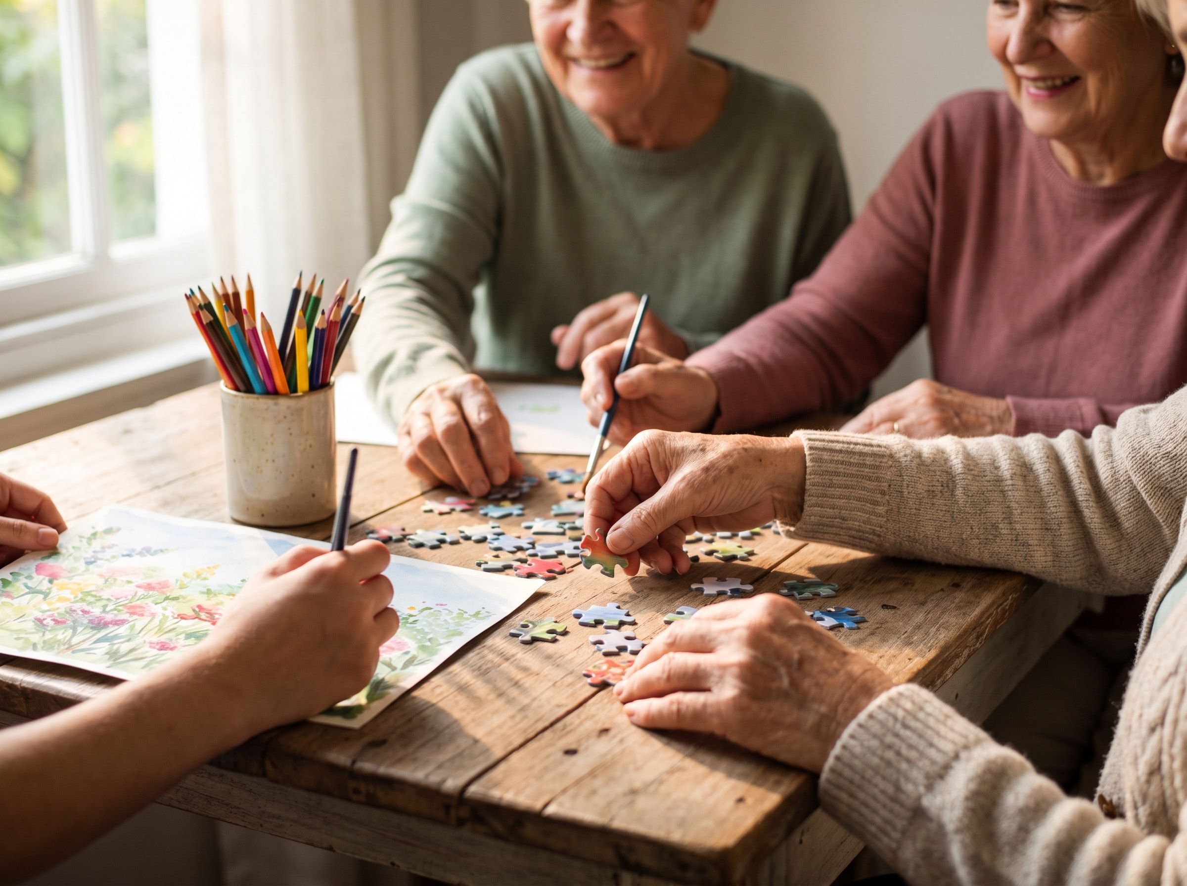 Imagine ilustrativă: vârstnici zâmbitori lucrează împreună la un puzzle și la un desen, la o masă de lemn