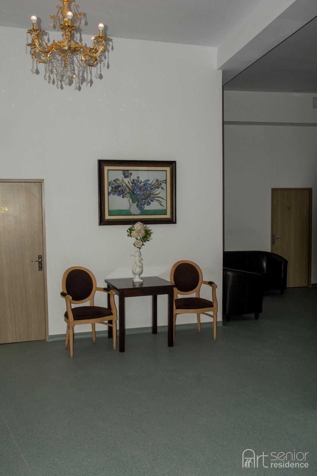 Hol de primire cu candelabru, fotolii, tablou și flori