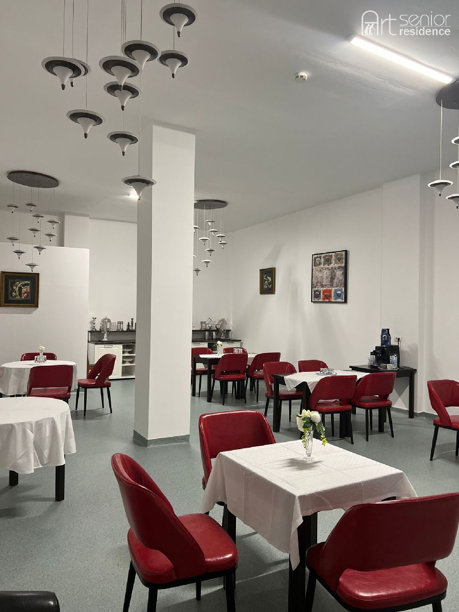 Mese pregătite pentru prânz în sala de mese luminoasă